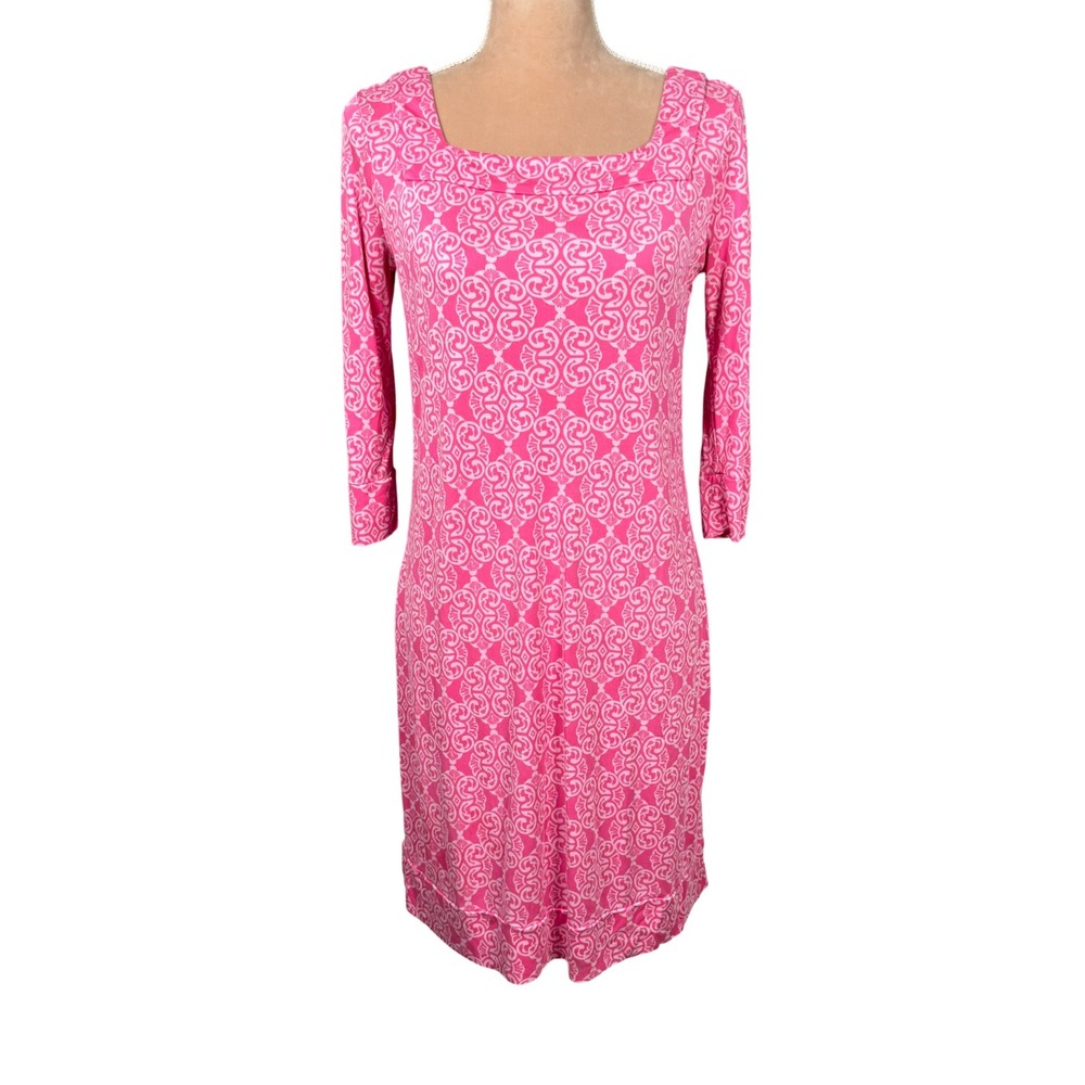 Lilly Pulitzer Pink White Square Neck 3/4 Sleeve Silk Shift Dress Womens Size‎ 6
